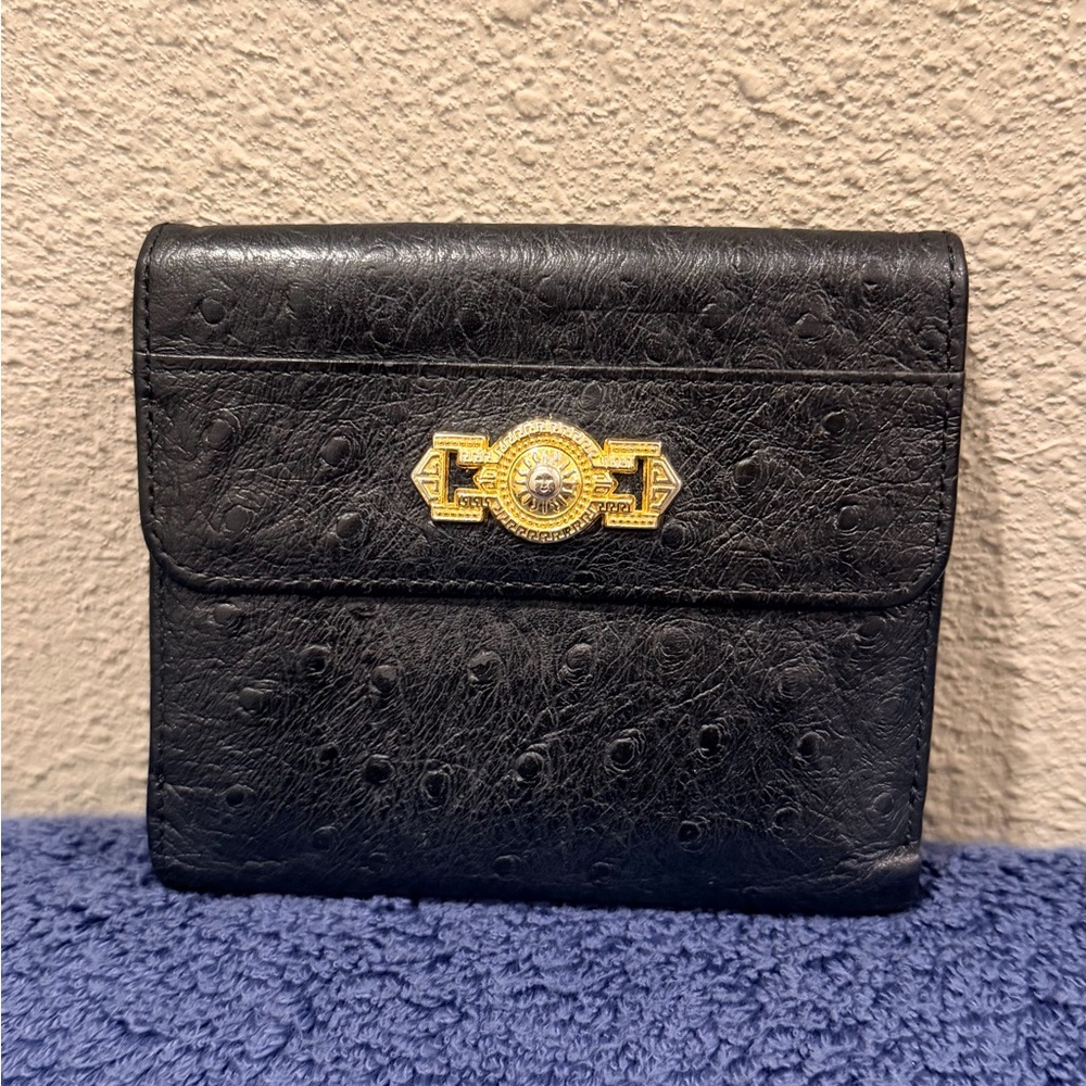 Gianni Versace Vintage Sunburst Wallet In Black Ostrich Embossed Leather